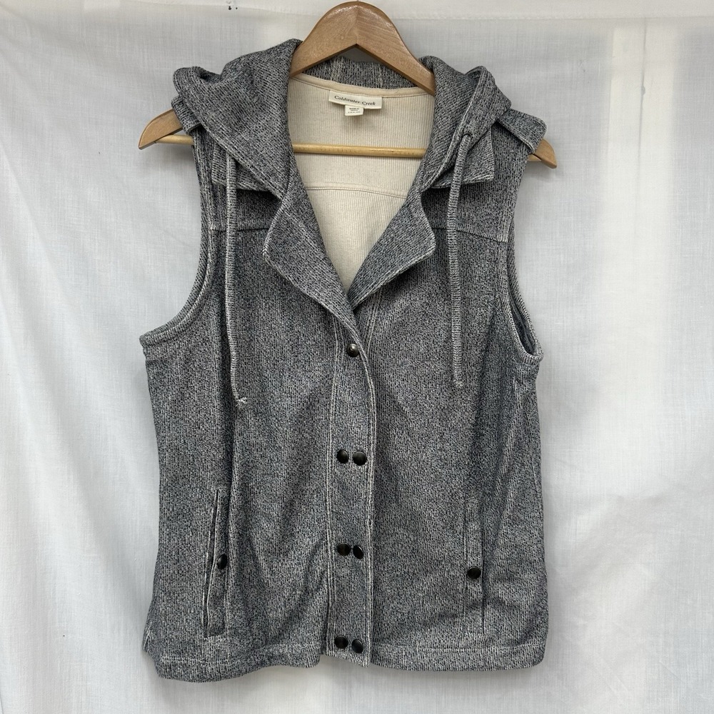 Coldwater Creek Womens L Gray Fleck Hooded Knit Vest Pockets 100% Cotton Buttons